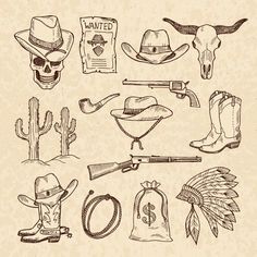 an old western set of hand drawn items