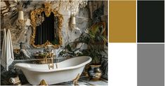 a bath tub sitting under a mirror next to a wall mounted faucet in a bathroom