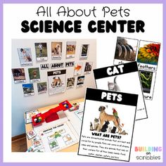 an all about pets science center with pictures and text on the back ground, including cats