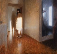 a painting of a person standing in an open doorway with their back to the camera