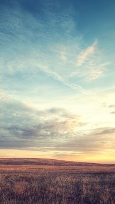 a lone horse standing in the middle of an open field at sunset with clouds overhead