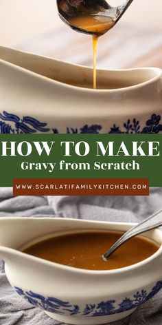 a spoon is pouring gravy from a bowl