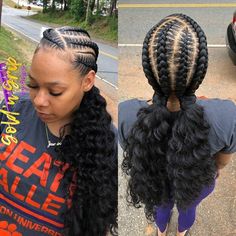 Stitch Braids With Crochet Hair, Protective Braided Hairstyles For Black Women, 3 Goddess Braids Hairstyles, Cornrow Ideas With Curls, Protective Hairstyles Half Up Half Down, 4braids Hairstyle Black Women, Summer Block Party Outfit, Two Row Cornrow Styles, 2 Feed In Braids With Curly Ends