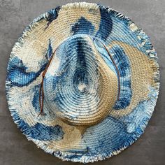 Add A Touch Of Artistic Flair To Your Summer Wardrobe With This Stunning Blue Straw Hat, Hand-Painted In Dallas, Tx By A Local Artist. Featuring Glamorous Gold Paint And Marbled Colors, Each Hat Is A One-Of-A-Kind Masterpiece. The Design Is Completed With A Double Tan Faux Suede Cord Tied In A Nautical Knot, Which Is Easily Replaceable For A Customized Look. This Boho-Chic Hat Is Perfect For Any Occasion, Whether You're Going For A West Coast Glam Look, Enjoying A Tropical Resort, Or Strolling T Bohemian Blue Hat For Spring, Adjustable Hand Painted Blue Hat, Adjustable Blue Hand Painted Hat, Artistic Handmade Blue Hats, Artistic Adjustable Blue Hat, Painted Hats For Women, Hat With Fringe, Boho Chic Hats, Burned Hats