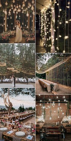 wedding decorations and lights hanging from the ceiling