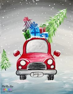 a painting of a red car with presents on top