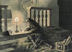 an old illustration of a man sitting on the stairs looking at his reflection in a mirror