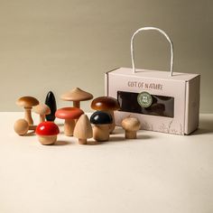 a group of small wooden mushrooms sitting next to a box