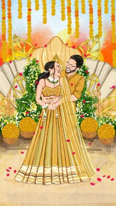 Indian Bride And Groom Illustration, Haldi Caricature Invite, Couple Illustration Indian Wedding, Animated Indian Wedding Couple, Indian Bride And Groom Illustration Wedding Invitations, Couple Caricature, Caricature Wedding, Wedding Caricature