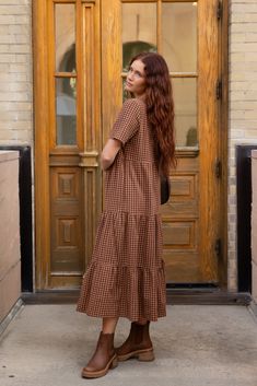 Full length dress High rounded neckline Short-sleeve Slightly over-sized fit Tiered details The Meg, Church Attire, French Canadian, She Is Clothed, Maternity Style, Full Length Dress, Rounded Neckline, Winter Clothes, Tiered Dress