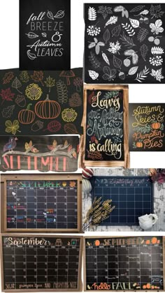 chalkboard calendars with autumn and fall writing on them in various styles, sizes and colors