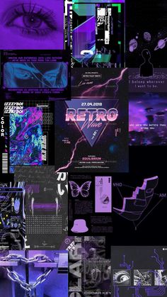 a collage of photos with the words retro in purple, blue and black colors