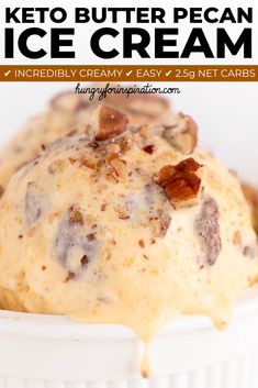 keto butter pecan ice cream in a white bowl with bacon on top and text overlay