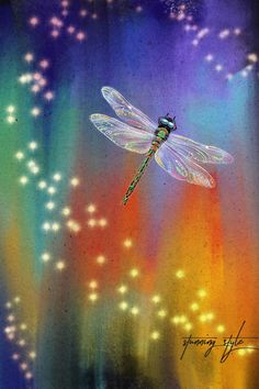 a painting of a dragonfly flying in the sky with stars and sparkles around it