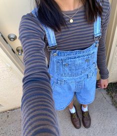 Striped Longsleeves Outfit, Aesthetic Overalls Outfit Short, Dark Wash Overalls Outfit, Cute Sweaters Outfits, Fun Skirt Outfits, Crunchy Fall Outfits, Fun School Outfits, Small Town Aesthetic Outfits, Dad Shorts Outfit Women