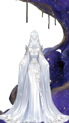 an illustration of a woman dressed in white and standing under a purple sky with stars