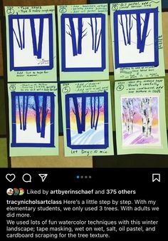 four post it notes with pictures of trees on them and some writing about the same thing