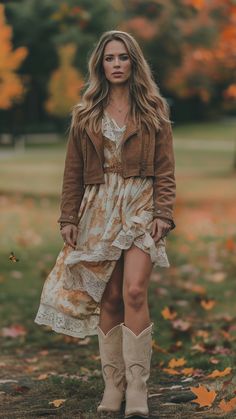 a woman wears cowboy boots and dress for fall wedding, western outfits Cowgirl Style Outfits Fall, Wedding Outfit Guest Fall, Country Wedding Outfit Guest, Cowgirl Boots Outfit Fall, Outfits With Cowboy Boots, Cowboy Boots Outfit Fall, Western Chic Outfits, Western Fall Outfits