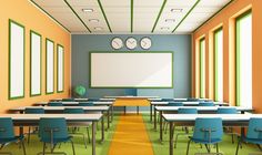 an empty classroom with desks and chairs