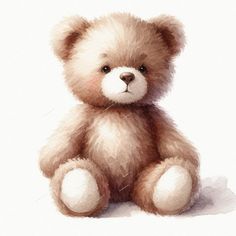 a brown teddy bear sitting on top of a white floor