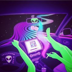 an alien is driving in the car with its head up and hands on the steering wheel