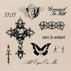 an old fashioned cross and some other tattoos on a piece of cloth with words written below it