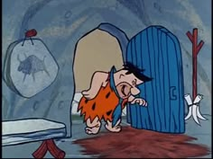 an animated image of a caveman coming out of a door with his head stuck in the ground