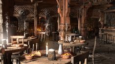 an old fashioned tavern with wooden tables and chairs, lit by candles on the table