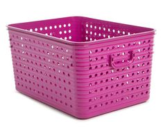 a pink plastic basket with holes on the sides and handles is shown in front of a white background