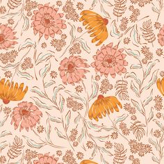 an orange and pink flower pattern on a white background