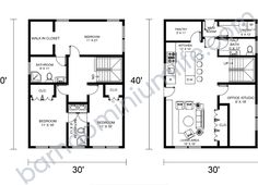 two story house plans with one bedroom and an attached bathroom in the second floor plan