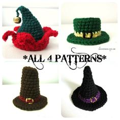 four crocheted witches hats with the words all 4 patterns