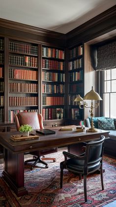 a large library with lots of books on the shelves and leather chairs in front of it