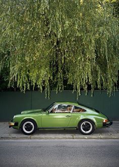 a green porsche parked under a tree in front of a wall with lots of leaves on it