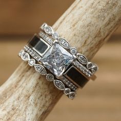 Deer Antler Ring, Antler Ring, Engagement Sets, Black Diamond Ring Engagement, Stacking Bands, Black Diamond Ring, Resin Coating, Wedding Rings Vintage, Engagement Bands