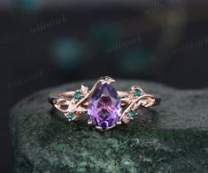 Amethyst Ring Vintage Pear Amethyst Engagement Ring 14k Rose Gold Twig Leaf Emerald Bridal Wedding Ring Women February Birthstone Ring Gift - Etsy Amethyst And Emerald Engagement Ring, Unique Amethyst Engagement Rings, Sapphire And Amethyst Ring, Promise Rings Amethyst, Amethyst And Sapphire Ring, Amethyst Vintage Ring, Non Traditional Engagement Rings Purple, Amethyst And Emerald Ring, Emerald And Amethyst Ring