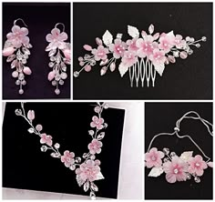 Floral bridal jewelry set- hair comb, earrings, bracelet, necklace. Cherry blossom jewelry set silver, gold or rose gold. Pink sakura wedding jewelry for bride or bridesmaids. Blush flower jewelry set for wedding. In the shopping cart you can also choose 2 types of bracelets: large and small. More items from my shop: https://www.etsy.com/shop/JewelryforbridesShop?ref=seller-platform-mcnav Please ensure you place your order well in advance, as we are currently experiencing a high volume of orders Cherry Blossom Flower Crown, Sakura Jewelry, Cherry Blossom Wedding Theme, Cherry Blossom Jewelry, Sakura Wedding, Cherry Blossom Theme, Cherry Blossom Necklace, Ethereal Jewelry, Pink Sakura