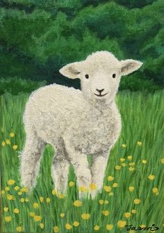 a painting of a lamb in a field of grass and yellow flowers with trees in the background