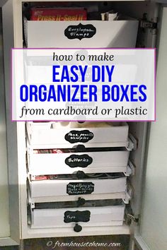 DIY Organizer Box: How To Make Storage Boxes Out Of Cardboard Or Plastic Make Storage Boxes, Small Plastic Containers, Cardboard Storage, Diy Organizer, Diy Storage Boxes, Chalkboard Labels, Office Supply Organization, Corrugated Plastic