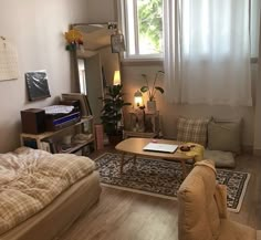 a living room filled with furniture next to a window and a rug on the floor