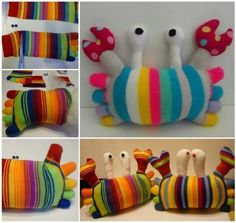 several different pictures of colorful stuffed animals