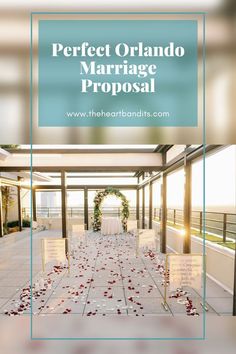 an outdoor ceremony with rose petals on the ground and in front of it is a blue frame that says perfect orlando marriage proposal