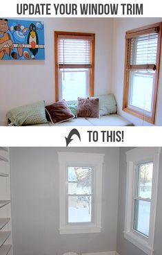 the before and after pictures show how to paint a room with white walls, windows, and flooring