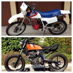 two pictures of a dirt bike parked next to each other