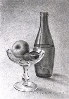 a drawing of an apple in a glass bowl next to a bottle