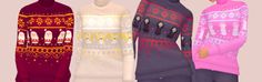 three sweaters are shown with different colors and patterns on the same shirt, one is pink