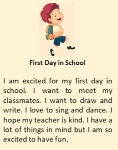 an image of a child's first day in school with the caption that says, i am excited for my first day in school