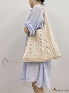 Bird in Bag - Solid Color Knit Tote with Stylish Hollow Out Design Casual Beige Knitting Pattern, Casual Beige Knit Knitting Pattern, Casual White Knitting Pattern, White Casual Knitting Pattern, Casual White Knitting Pattern For Spring, Trendy Spring Crochet Bag, Beach Crochet Knit Bag, Casual Cream Crochet Bag For Everyday, Casual Knit Crochet Bag For Beach