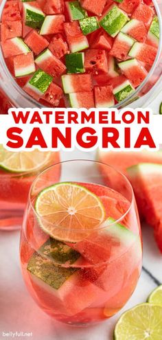 watermelon sangria with limes, cucumber and mint garnish