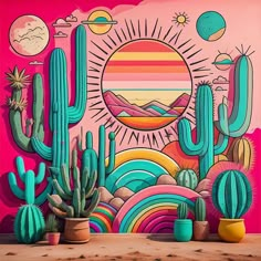 cactuses and other plants in front of a colorful wall with an image of the sun